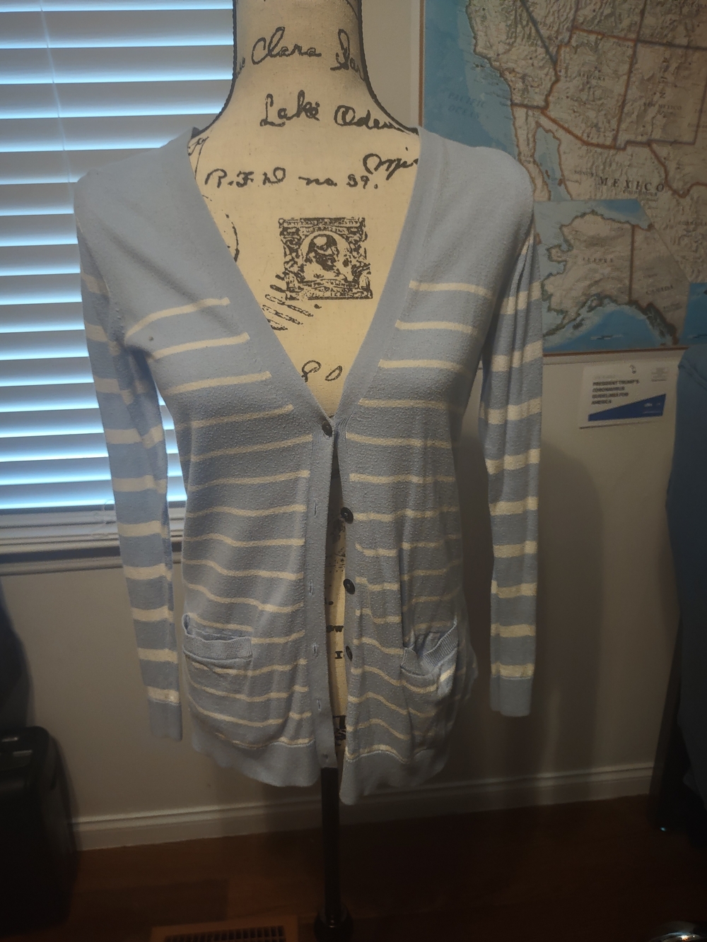 GAP Pale Blue and White Striped V-Neck Cardigan